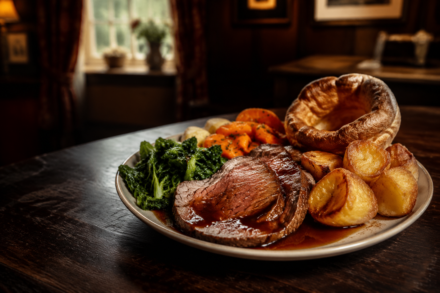 Roast beef with Yorkshire pudding, roast potatoes and vegetables